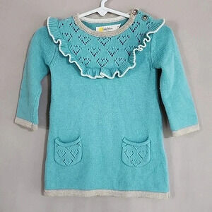 Baby Girls BabyBoden Frill Knit Sweater Dress, Blue/White, Size 3-6Mos, PreOwned